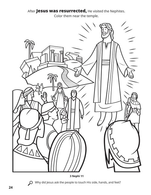 A line drawing of Jesus Christ's visit to the Americas after being resurrected.