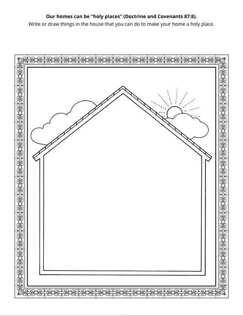 Line art illustration of a home where children can add items that make a holy home.