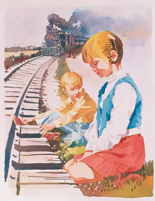 An illustration of a little girl kneeling and praying for her brother, whose foot is stuck in a rail as a train approaches.