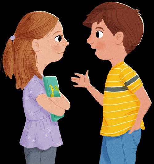 Dreng taler med en pige, der holder en bog