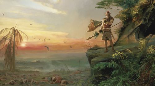 illustration of the prophet Mormon standing at the edge of a cliff as he looks at the ocean.   He is holding a spear.