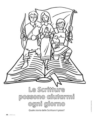 Pagina da colorare delle figure del Libro di Mormon che escono dalle pagine di un libro aperto