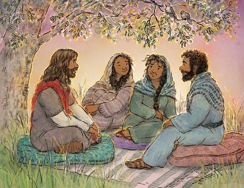 Ježiš sedí s Máriou, Martou a Lazárom
