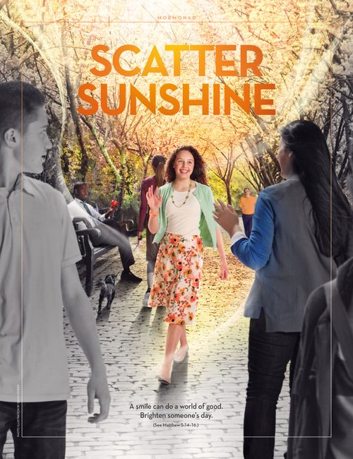 An image of a girl smiling at people she is passing on the street, combined with the words “Scatter Sunshine.”