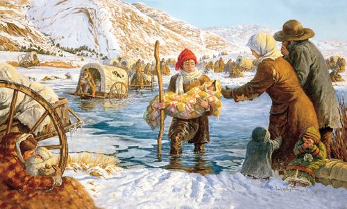 A painting by Clark Kelley Price illustrating a young man walking through the icy Sweetwater River carrying a child wrapped in a blanket.