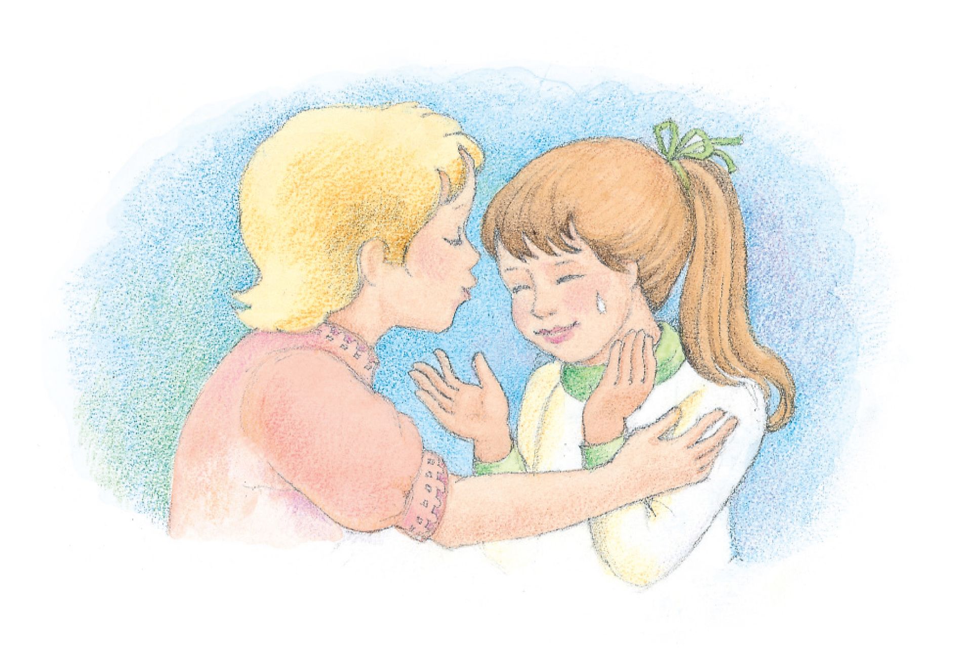 A boy comforts and forgives a crying girl who is offering an apology. From the Children’s Songbook, page 99, “Help Me, Dear Father”; watercolor illustration by Phyllis Luch.