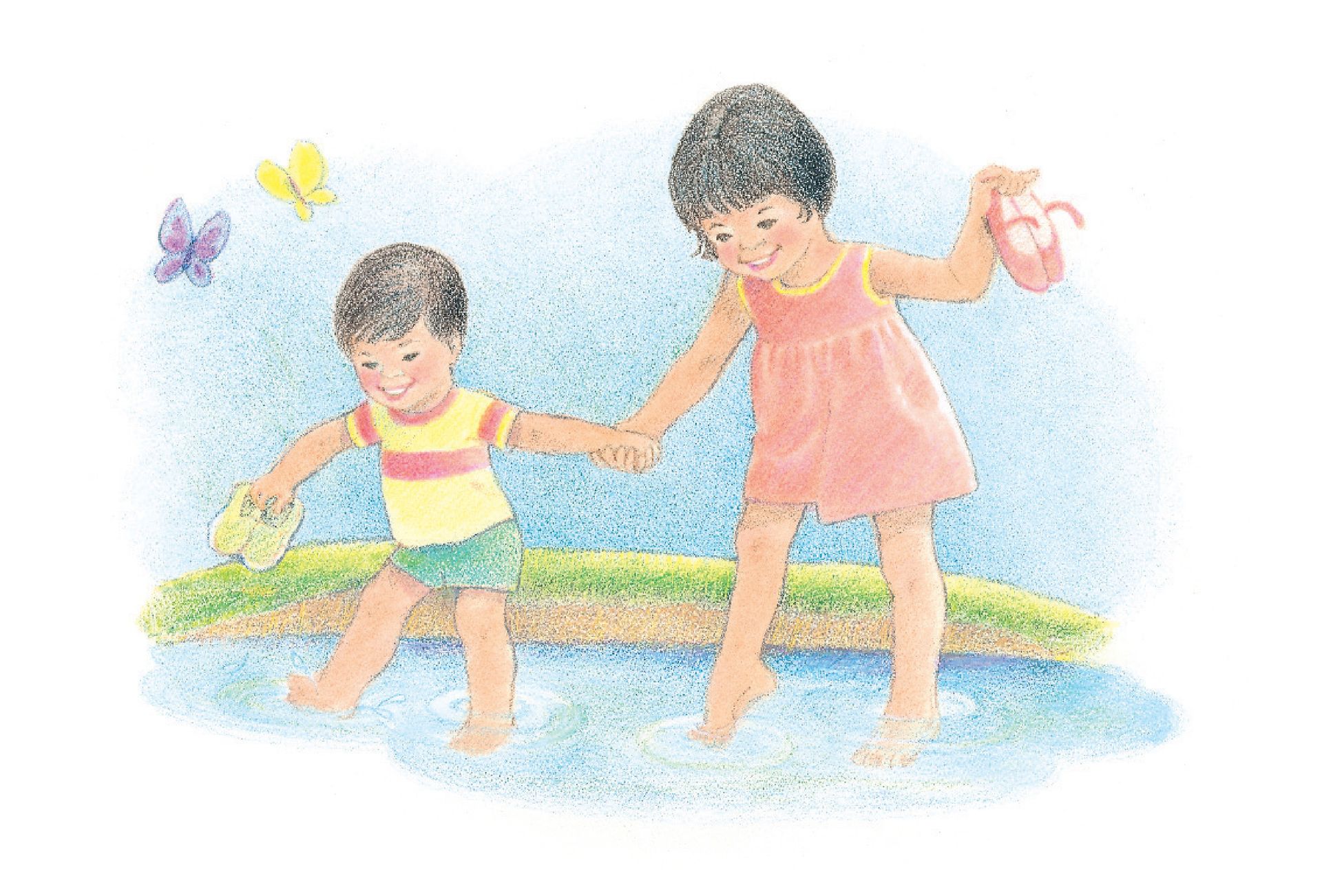Two children hold hands and wade into shallow water. From the Children’s Songbook, page 239, “Because It’s Spring”; watercolor illustration by Virginia Sargent.