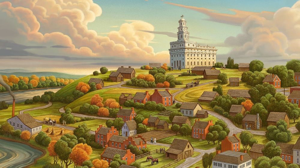 Illustration of the city of Nauvoo with the temple on the top of the hill and numerous buildings on the landscape.  