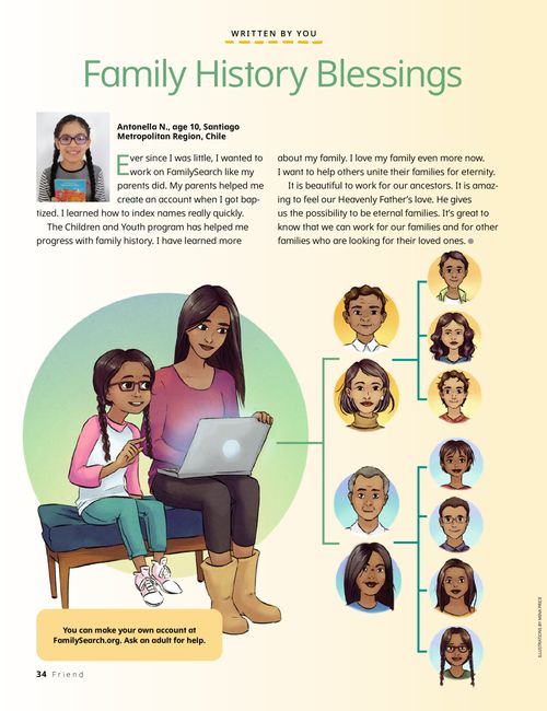 Story PDF with image of a mom and daughter looking at a computer with their family tree