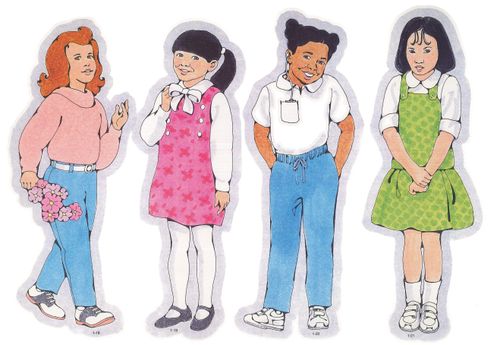 Primary cutouts of a girl from the U.S., a girl from South America, a girl from Africa with a hearing aid, and a girl from Japan.