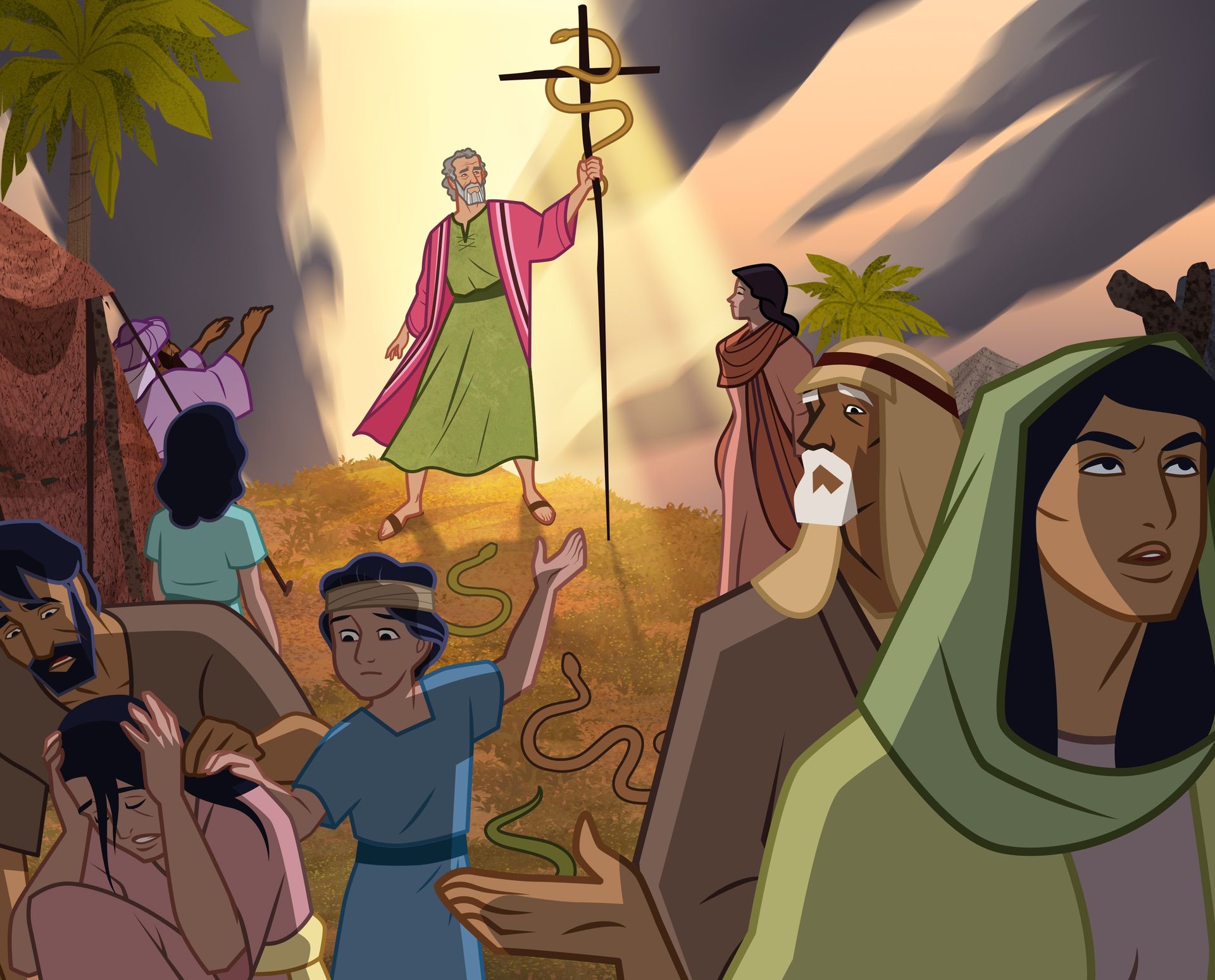 Illustration of Moses showing staff to people. Deuteronomy 11:26–28; Job 36:11–12