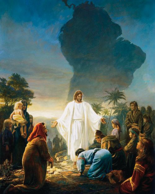Jesus Christ standing outside in white robes, with hands outstretched to a group of people who are gathering around to see.