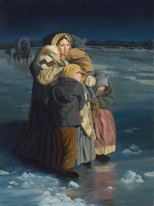 Emma Hale Smith holding her children close to her as they cross the frozen Mississippi River. The family is wrapped in blankets, and Emma is hiding some of the manuscripts of the inspired version of the Bible in her clothing.