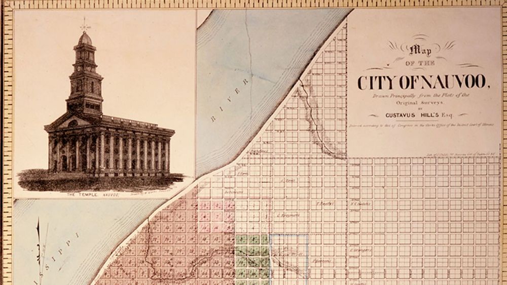 Close up of the colored plat map of the City of Nauvoo. The city is divided into a grid, and the squares are grouped in different colors.  