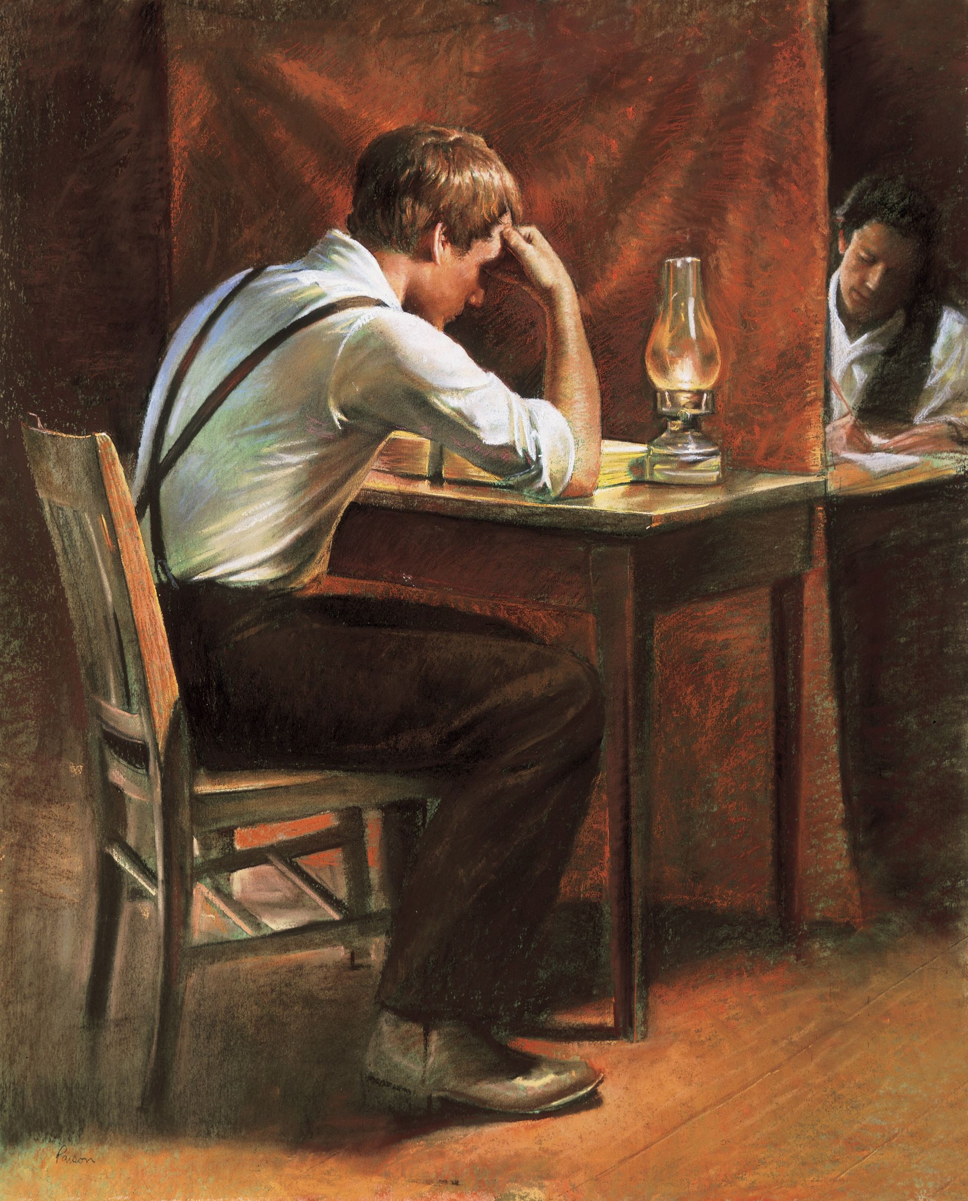 Joseph Smith Translating (Joseph Smith Translating the Gold Plates), by Del Parson; Primary manual 5-14