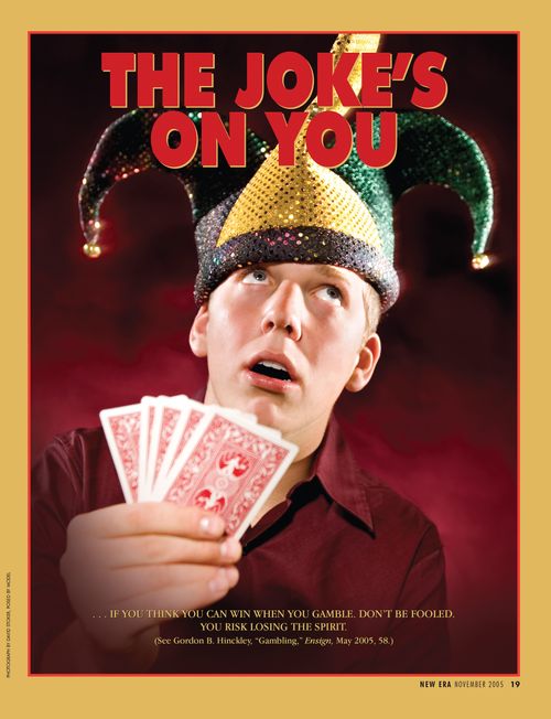 An image of a young man in a joker hat holding playing cards, paired with the words “The Joke’s on You.”