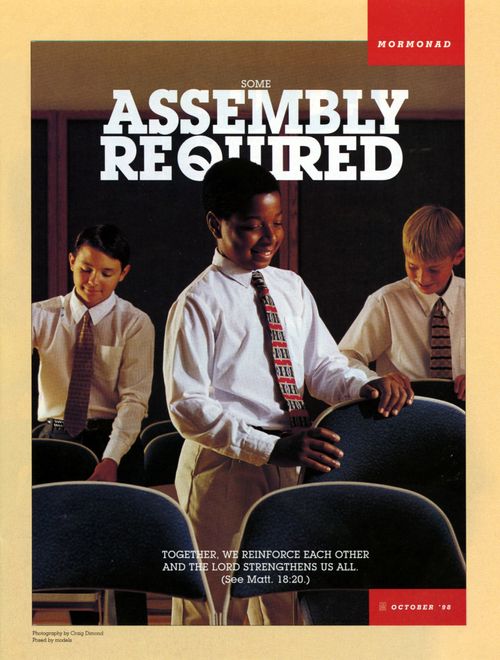An image of three young men straightening folding chairs, paired with the words “Some Assembly Required.”