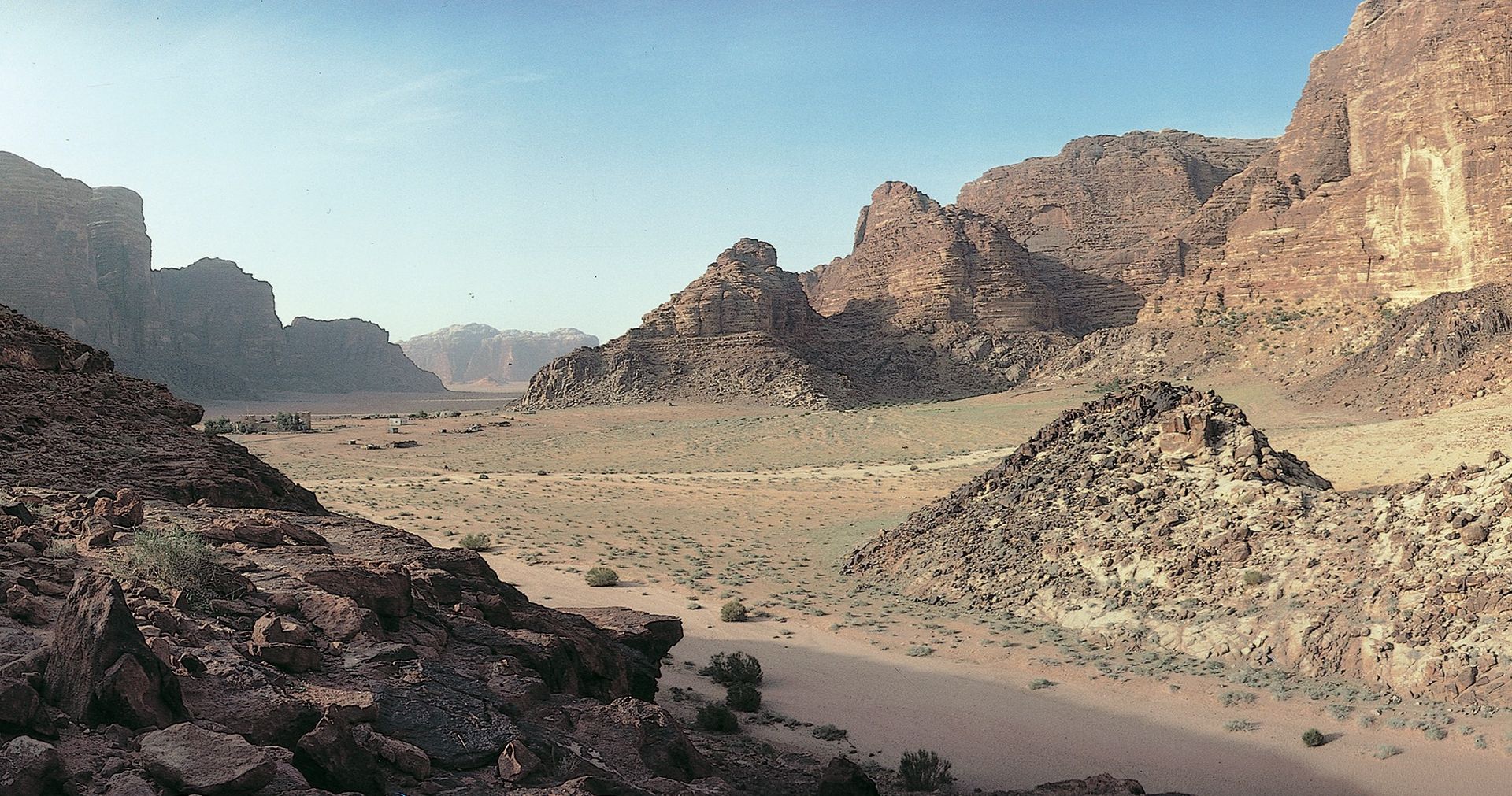 The Wadi Rum looking toward the south. The Wadi is located 30 miles northeast of Aqaba and 190 miles south of Amman, Jordan.