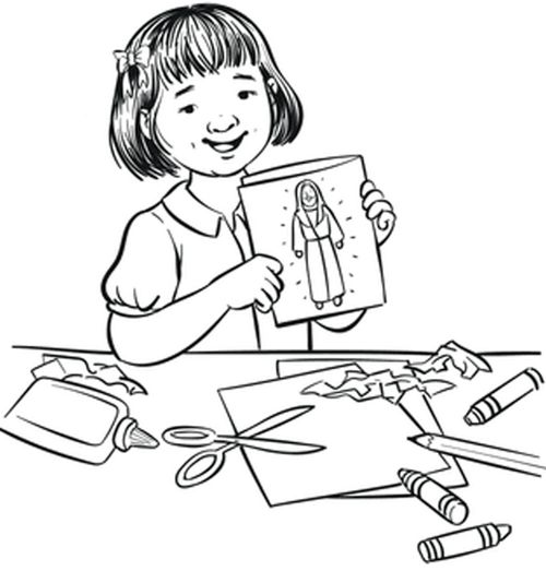 Coloring page of girl doing a craft