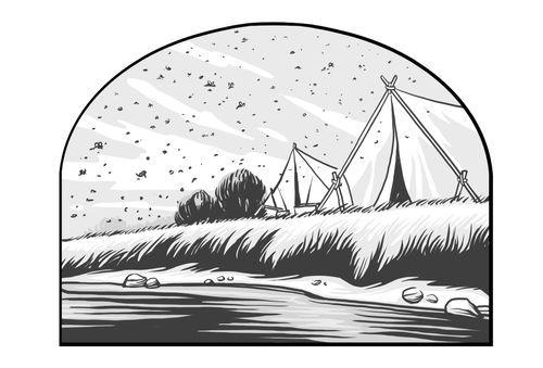 enxames de insetos voadores ao redor de tendas na margem de um rio