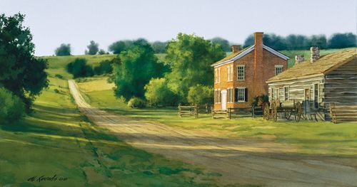 painting of a long country road with a brick building and a log home on the right side of the road