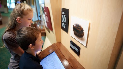 Various people interact with exhibits in Historic Sites found in New York and Pennsylvania. They appear to be in a Visitors' Center.