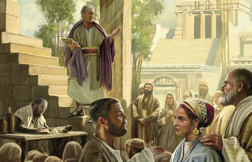 illustration of man standing on temple stairs and preaching to people walking by