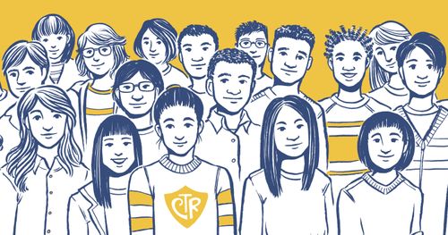 Illustration of young adults - teenagers of various ethnicity. There is a yellow band above them.
