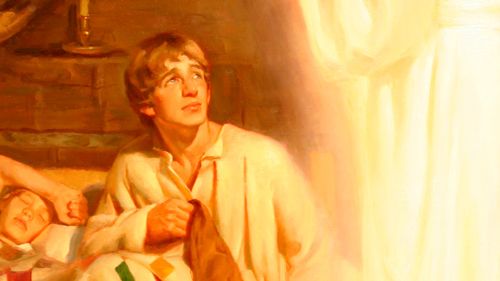 Joseph Smith receiving a vision of the angel Moroni
