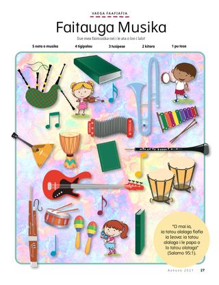 page with musical instruments scattered around