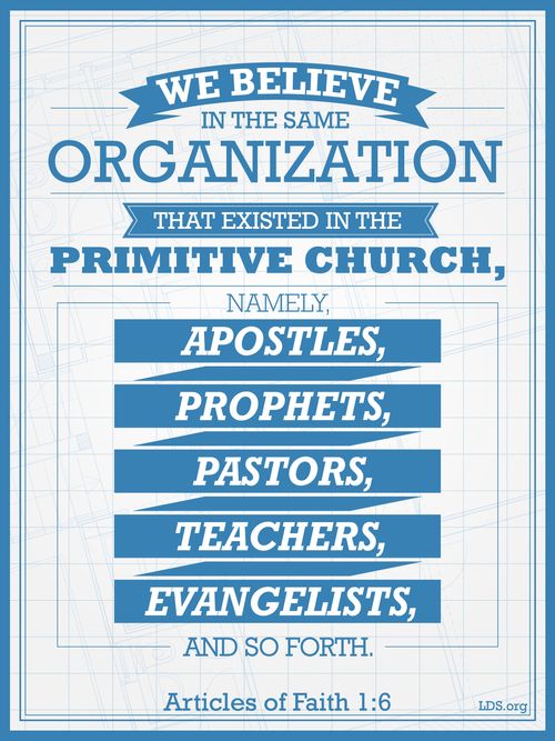 A blueprint graphic paired with the sixth article of faith.