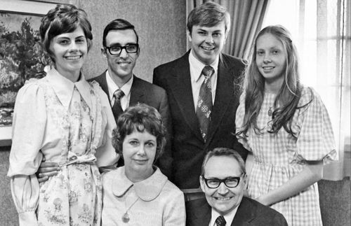 Family portrait of Elder L. Tom Perry, his wife Virginia, and three children and son-in-law.  Taken April 6, 1974, the day Elder Perry was sustained as a member of the Quorum of the Twelve Apostles.