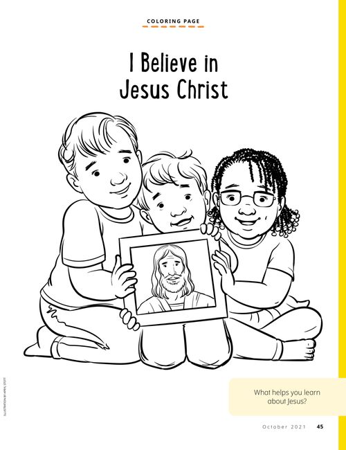 Coloring page PDF with image of children holding a picture of Jesus Christ