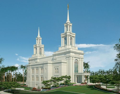 An artistic rendering of the Fortaleza Brazil Temple on a sunny day, with green lawns and large trees on the grounds.