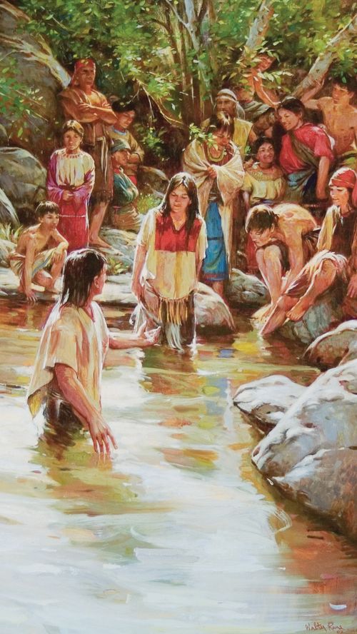 A painting by Walter Rane showing Book of Mormon–era people being baptized by Alma.