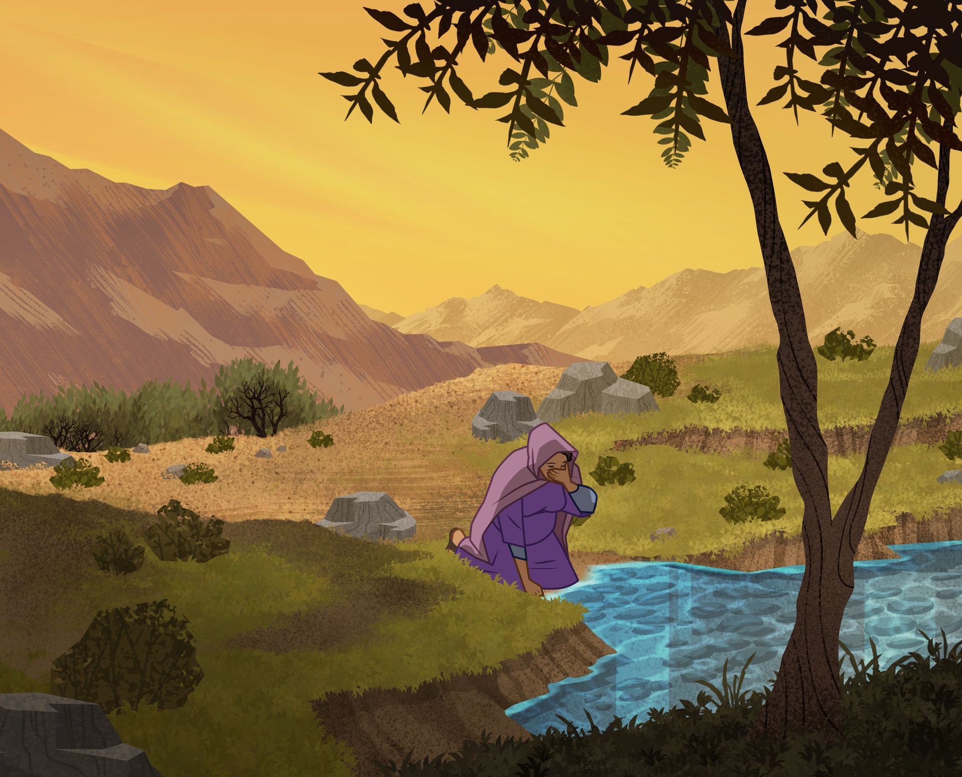 Illustration of Hagar rests by water. Genesis 16:7