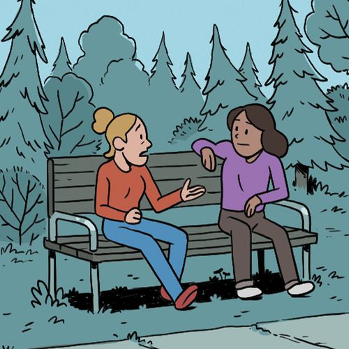 girls sitting on bench, talking