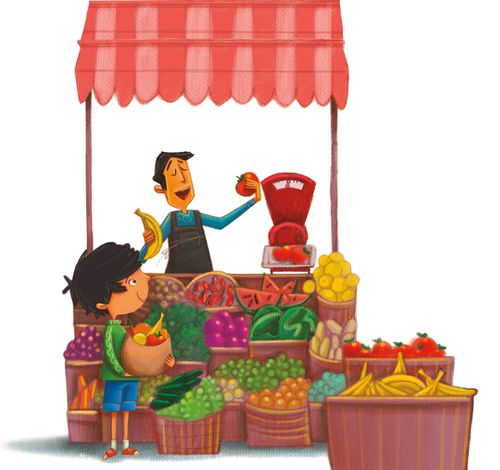 a boy helping his dad at a fruit stand