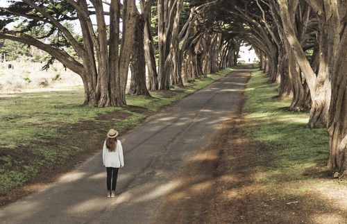 女子站立在两旁有整排树的路中