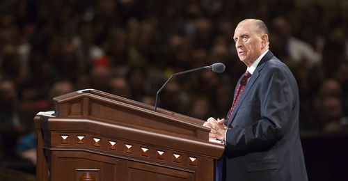 President Monson at the pulpit