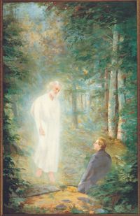 Depicts the angel Moroni at left appearing to a kneeling Joseph Smith who has the newly unearthed gold plates lying at his right side.  [Supplied title]