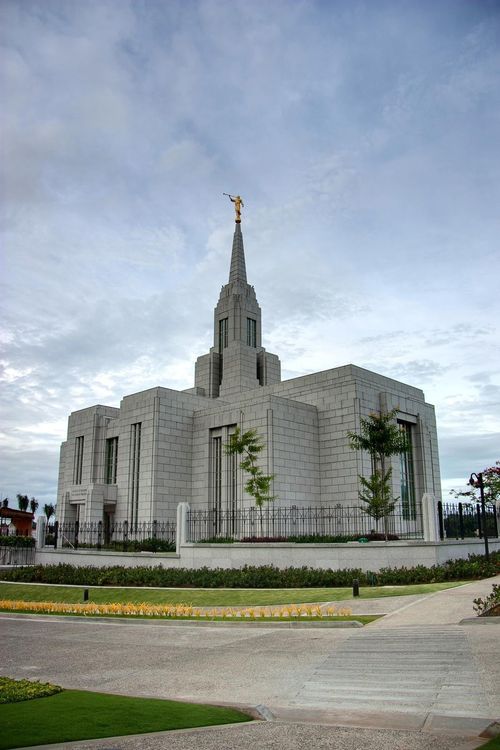 A view of the entire Cebu City Philippines Temple, with some roads and the front lawns in the foreground.