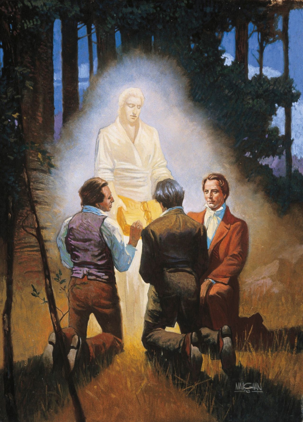 An Angel Showing the Gold Plates to Joseph Smith, Oliver Cowdery, and David Whitmer (Moroni Shows the Gold Plates to Joseph, Oliver, and David), by William L. Maughan; Primary manual 5-17