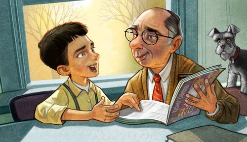 boy reading the Friend magazine to an old man