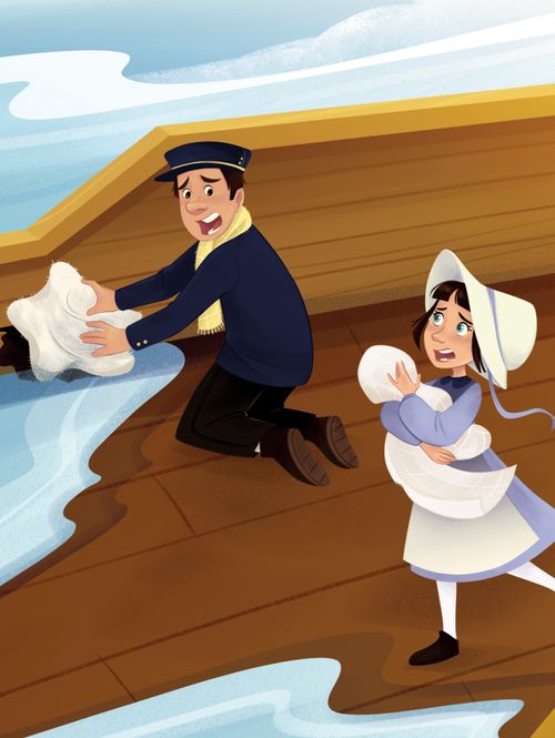 Margaret (12 years old) is on a ship during the mid-1800s. She is holding a white wool blanket and taking it to the captain of the ship for him to stuff in the holes in the side of the ship.