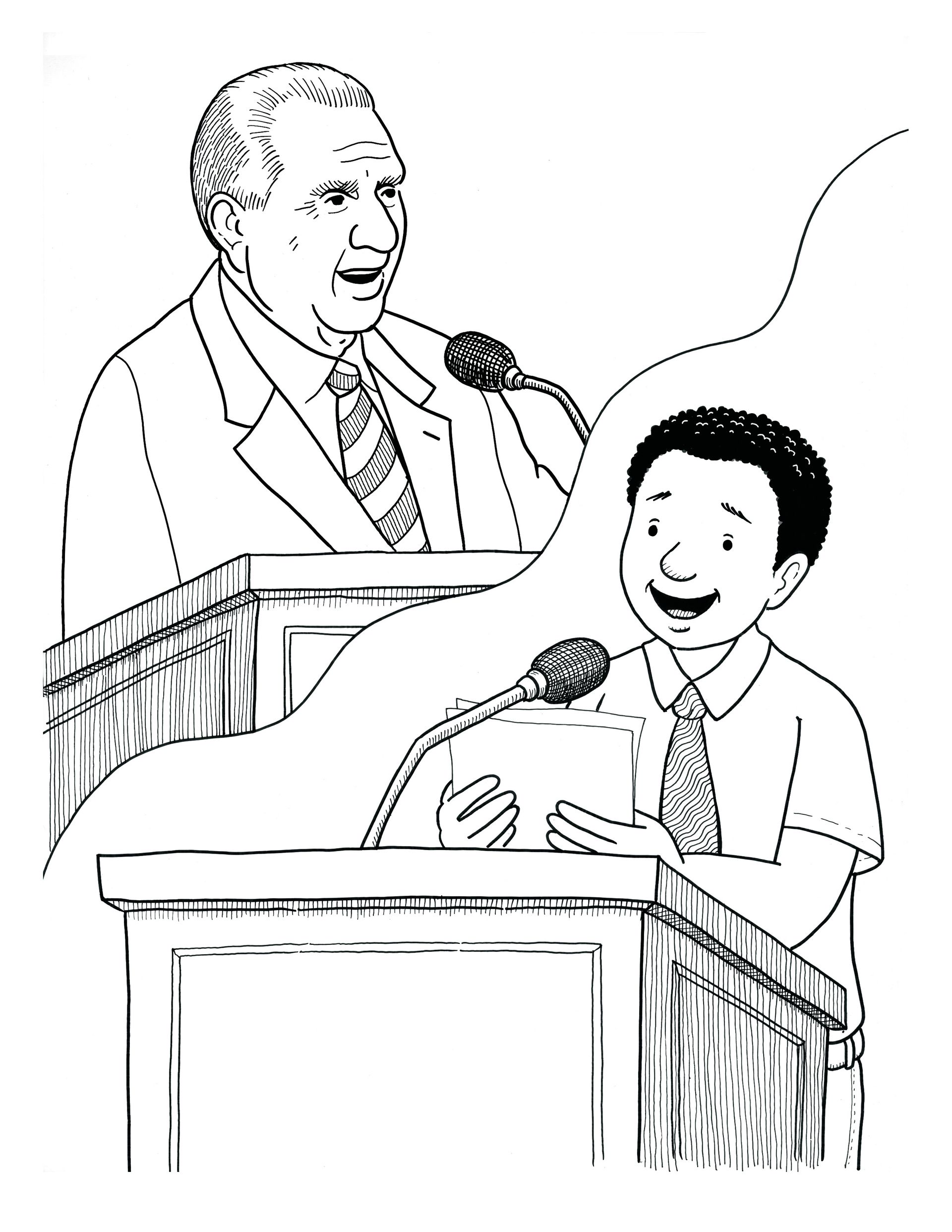 A boy gives a talk at the pulpit alongside an image of President Monson speaking at the pulpit.