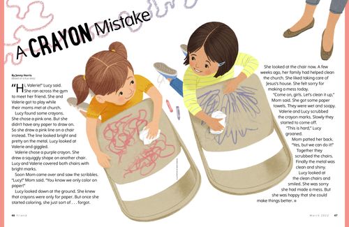 Story PDF showing a top-down view of two girls wiping off metal chairs that are covered in crayong marks