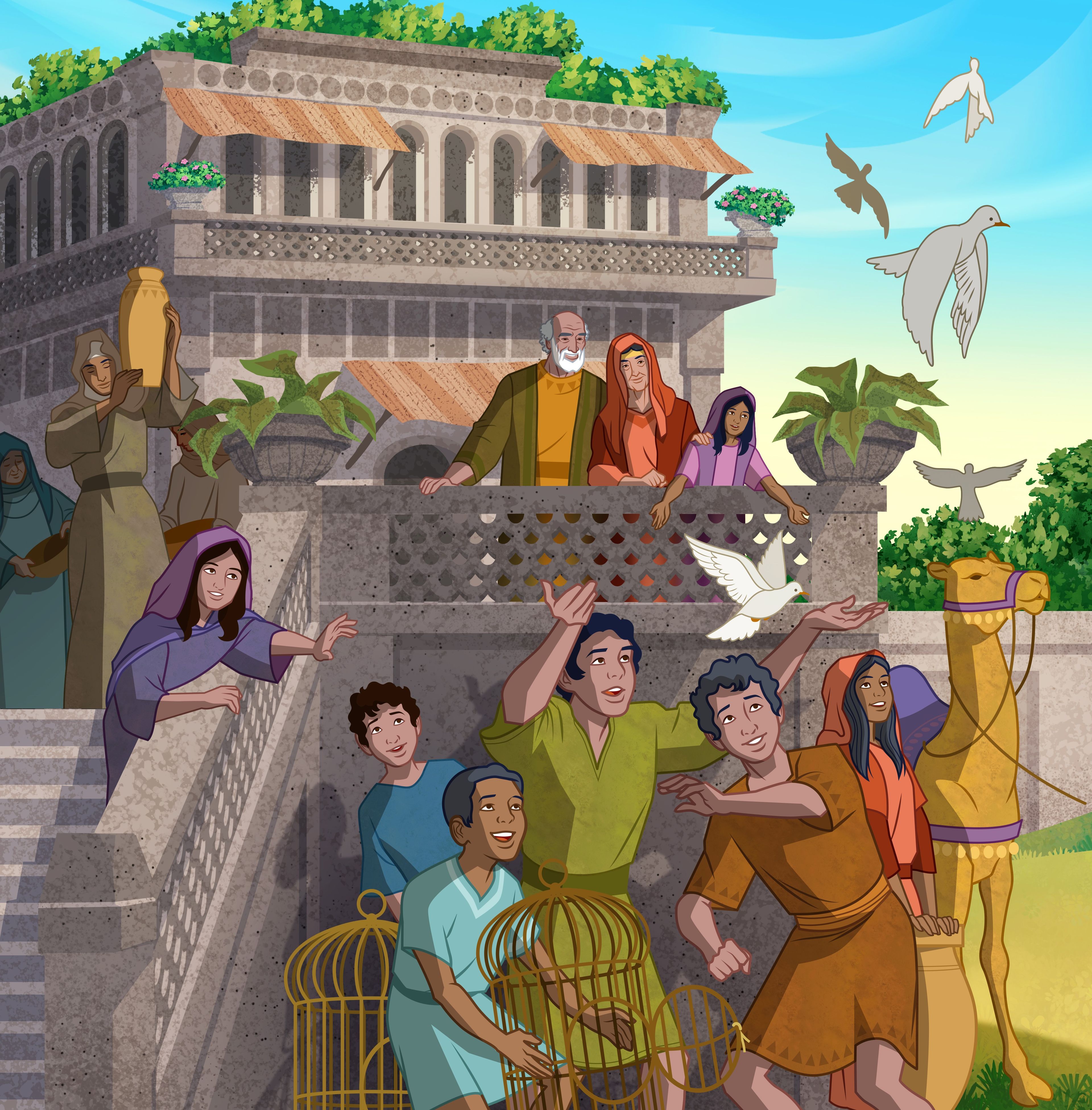 Ilustración de Job y su familia. 
Job 19:25–26; 42