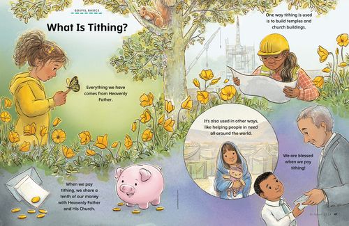 Article for young children with images of coins, temple construction, humanitarian service