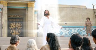 Jezus Christus daalt uit de hemel neer bij de tempel in het land Overvloed